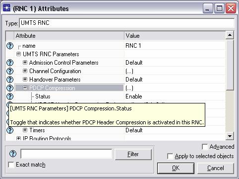 Posledním krokem nastavení v uzlu RNC je aktivace PDCP komprese v záložce UMTS RNC Parameters PDCP Compression Status Enable (viz. Obr. 6.
