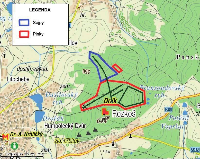 Hlavní pinkový tah je křížen vedlejším tahem, který začíná přibližně 250 m východně od hlavní dobývky a má směr SSZ JJV.