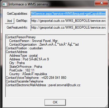 konkrétní dotazy GetCapabilities, GetMap a GetFeatureInfo. Klikem na tlačítko Xml je možné tyto informace zobrazit ve formátu XML. Obr.