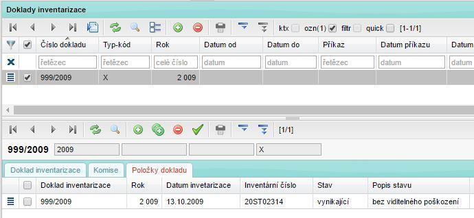 Obr. 17 Vlastnosti automaticky založeného dokladu o inventarizaci: - doklad má nastaven speciální "Typ", který má hodnotu "X" (migrace dat), kterým se odlišuje od standardních dokladů o