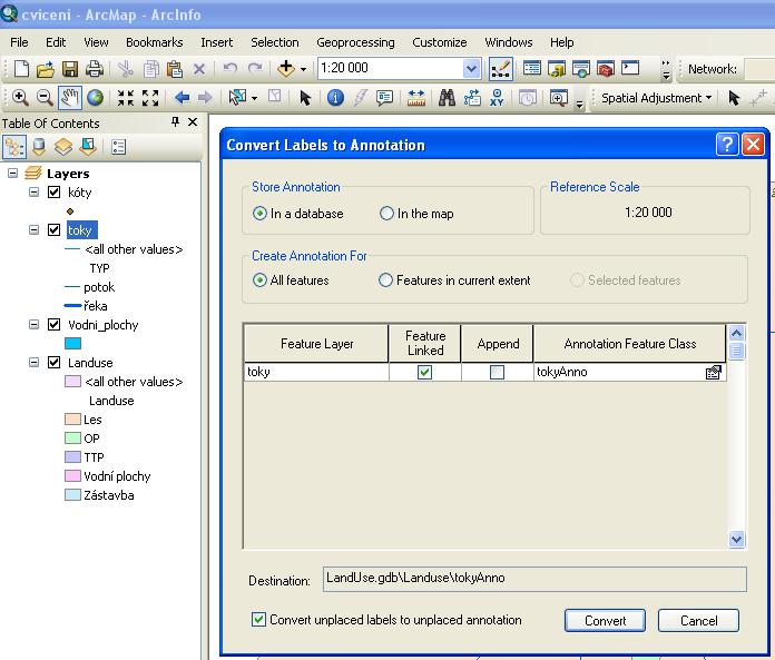 Vytvoření Anotací (Annotations) strana 14 Vytvoření anotací provedeme převodem z popisků. Klikněte pravým myšítkem na vrstvu toky a nástroj Convert Labels to Annotation.