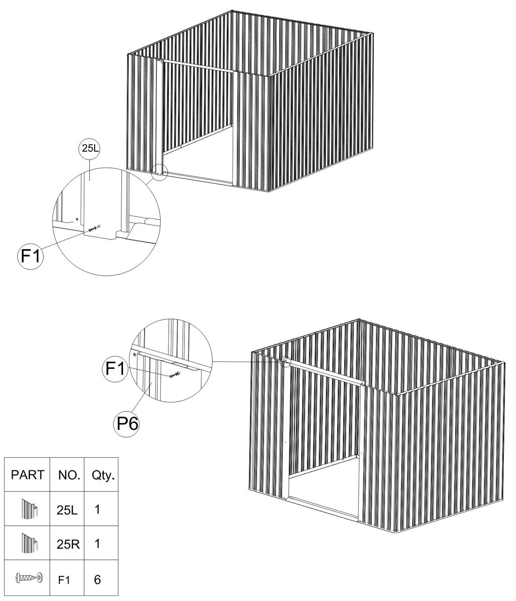 Krok / punkt / lépés / korak 6 CZ - Umístěte levý sloupek dveří (25L) na vršek základové lišty (3L). Vložte do stěnového panelu. Potom zajistěte sloupek (25L) šroubky (F1).