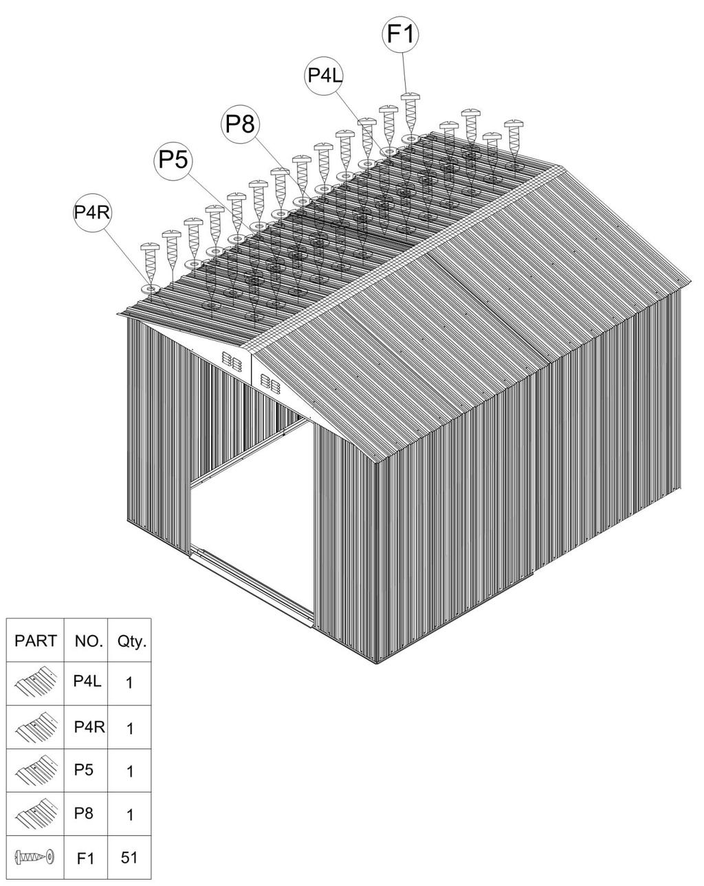 Krok / punkt / lépés / korak 10 CZ - Umístěte střešní panely (P4L), (P4R), (P5), (P8) na vršek štítových panelů a střešních podpěr.
