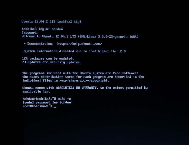 příkaz sudo -s dává uživateli bohdan práva rootu. Zadaný příkaz (není na snímku) byl root@toshiba2:~# apt-get install gnome Tím se má nainstalovat grafické prostředí Gnome dobře známé z Ubuntu ver.