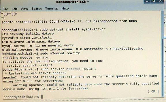 trvá 1 sec. další příkazy $ sudo a2enmod rewrite $ sudo service apache2 restart proběhnou rychle.