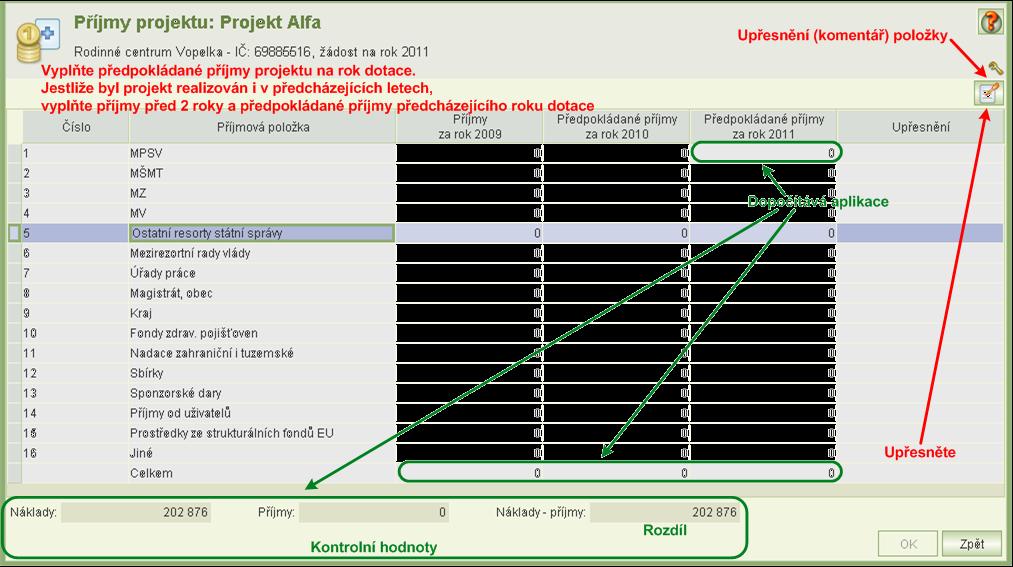 7.2.9 Příjmy projektu Formulář Příjmy projektu otevřete z formuláře Projekt. Příjmové položky vyplňujte až po vyplnění nákladů projektu.