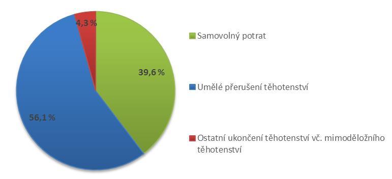 Graf 10: Potraty v Jihočeském kraji pro rok 2015 Zdroj: Český statistický úřad, vlastní zpracování Největší podíl potratů (až 30 %) v Jihočeském kraji byl zaznamenán v obou sledovaných letech u žen