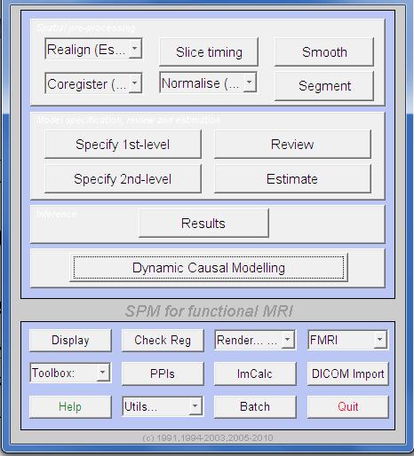 3.4.6 Implementace metody DCM v toolboxu SPM Toolbox SPM8 představuje mnoho funkcí pro analýzu fmri dat, především zahrnuje funkce pro předzpracování dat, pro statistickou analýzu prvního stupně i