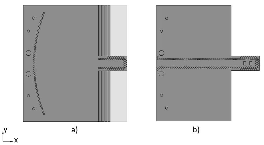 S 11 [db] Obrázek 48: Pohled shora na a) vyzařovací b) napájecí anténní strukturu Anténní struktury bylo dále nutné opatřit otvory pro kolíky, které slouží na správné sesazení vyzařovací a napájecí