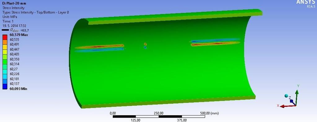 Obr. 15 Plášť 18 mm - intenzita napětí Na Obr. 16, kde je tloušťka 20 mm, už hodnota napětí je menší než dovolené napětí a tato tloušťka vyhovuje. 4.2 Hrdlo Obr.