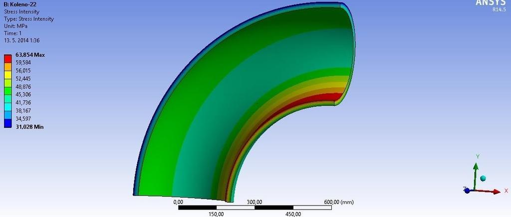 4.5.2 Výpočet Obr. 34 Koleno 22 mm - intenzita napětí Jak je vidět z Obr.