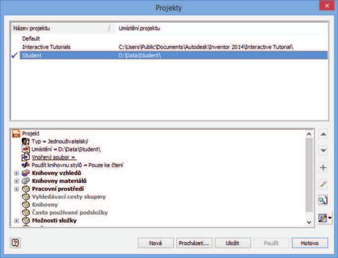 Poznámka: V Inventoru doporučuji každému žákovi před započetím práce založit takzvaný projekt. Zjednodušeně řečeno, projekt = adresář na data.