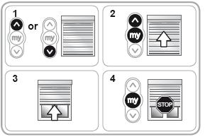 3) Nechte roletu vyjet asi do poloviny její výšky. 4) Krátkým stiskem tlačítka STOP/my zastavte pohyb rolety.