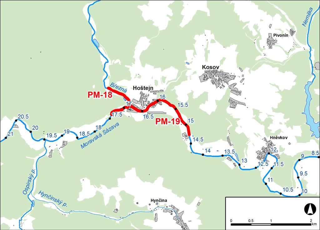 1. LOKALIZACE Předmětem řešeného území je úsek na řece Moravská Sázava v km 14,714 17,380 a úsek na řece Březná v km 0,000 0,749 a úsek na řece Moravská