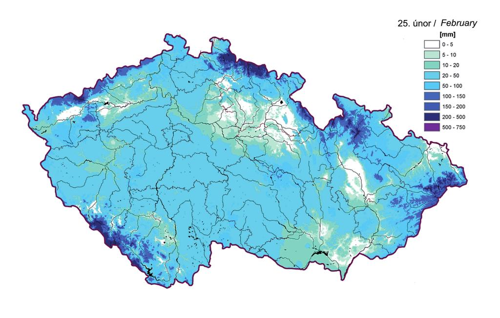 Mapa I.1 Největší zásoba vody ve sněhové pokrývce na území České republiky v roce 213. Map I.