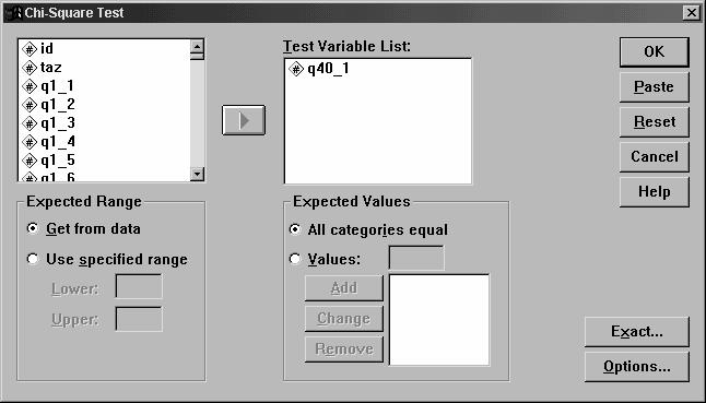 SOC108 LEKCE 7: ZÁKLADY BIVARIAČNÍ ANALÝZY: KONTINGENČNÍ TABULKA 14 V dialogovém okně vložíme zvolenou proměnnou do Test Variable List a ponecháme zaškrtnutý způsob výpočtu All categories equal