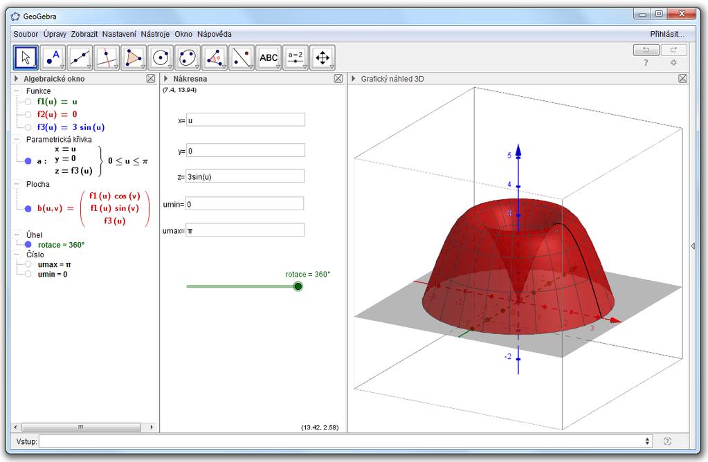3µ 2016 Workshop: Využití GeoGebry ve výuce matematiky a geometrie Nyní můžeme vyzkoušet jednotlivé nástroje pro editaci plochy a manipulaci s nákresnou.