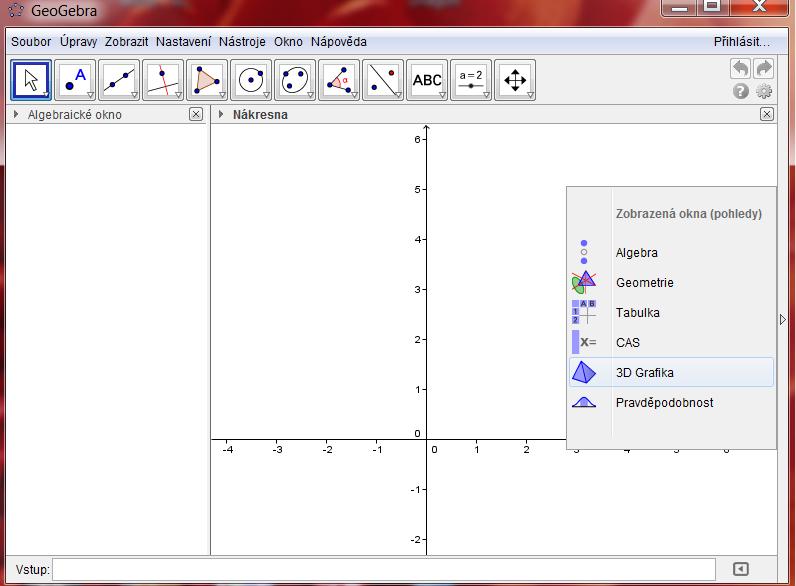 Workshop: Využití GeoGebry ve výuce matematiky a geometrie 3µ 2016 Příklad 3: Kulová plocha Zadání: Sestrojte kulovou plochu, je-li dána její tečná rovina τ = ABT, A = [4, 0, 0], B = [0, 6, 0], T =