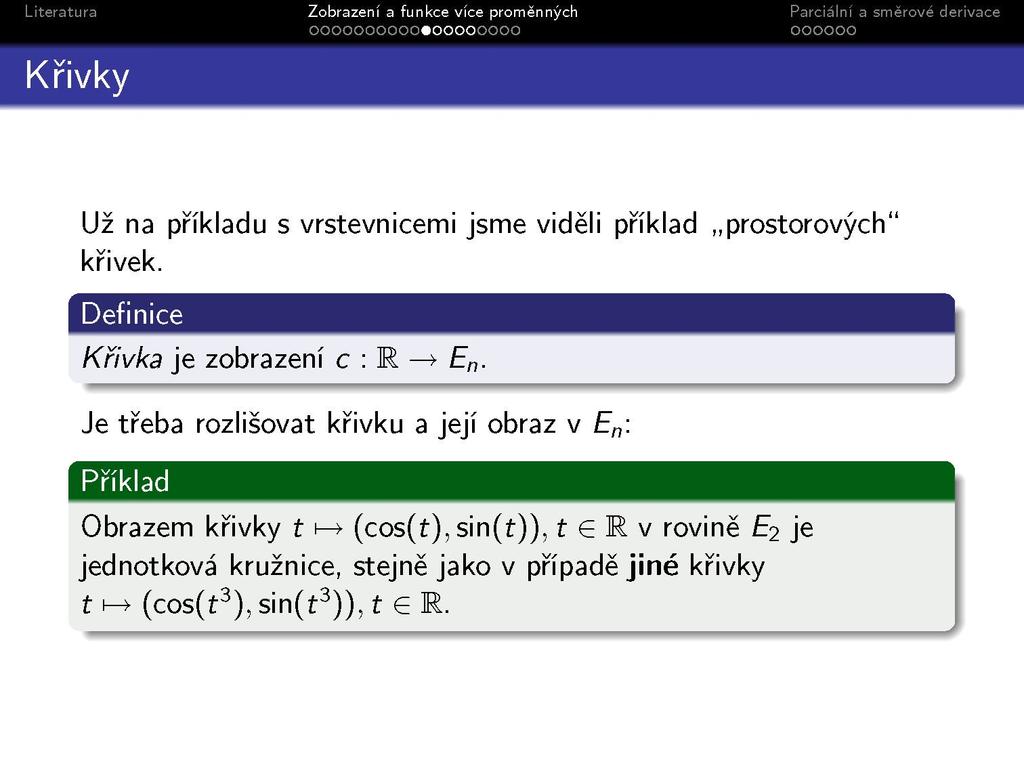 Křivky Už na příkladu s vrstevnicemi jsme viděli příklad prostorových' křivek. Definice Křivka je zobrazení c E n.