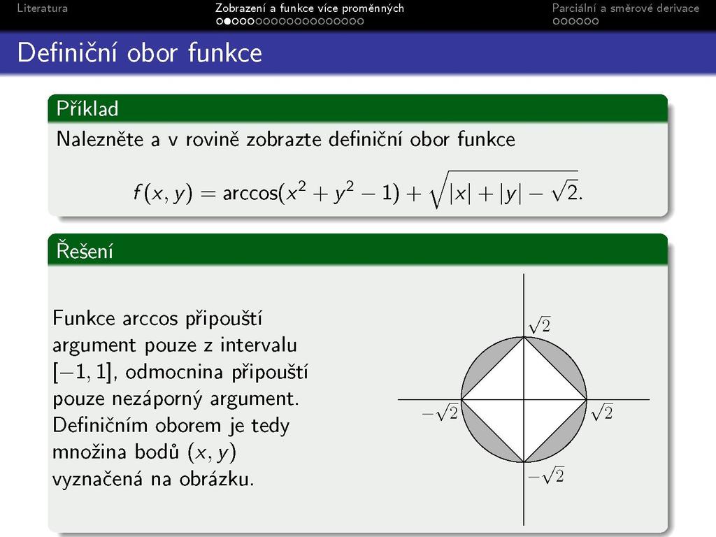 Definiční obor funkce Zobrazeni a funkce vice promennýcl o«ooooooooooooooooo Příklad Nalezněte a v rovině zobrazte definiční obor funkce ^ f(x, y) = arccos(x 2 + y 2-1) + y x +