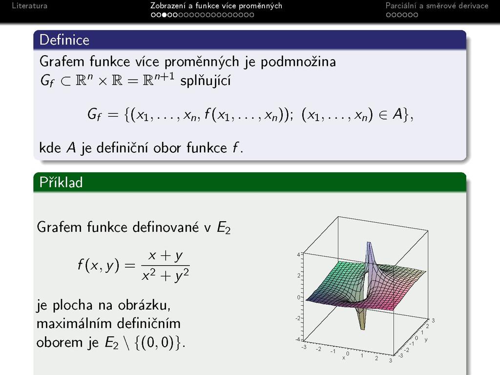 Definice Grafem funkce více proměnných je podmnožina GfCR"xR = R n+1 splňující Gf = {(*i,,x n, f(xi,,x )); (xi,.