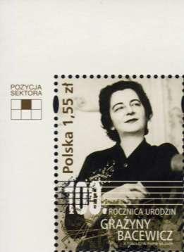 výročí narození Grażyny Bacewicz, datum vydání 28.5.2009. Nominální hodnota známky je 1,55 zł. Vícebarevný ofset PWPW, S.A. Varńava, papír bílý, fluorescenční.