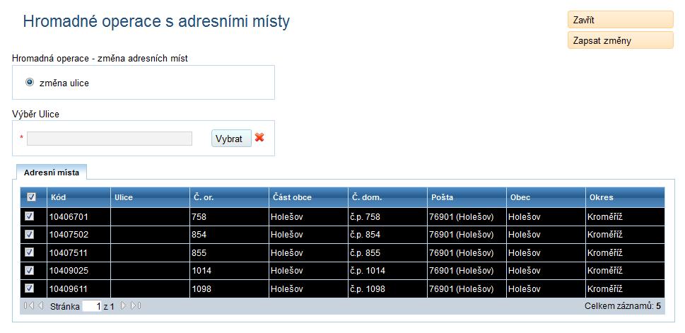 Pokud u některého adresního místa nechcete změnu ulice provést, odznačte dané adresní místo na začátku