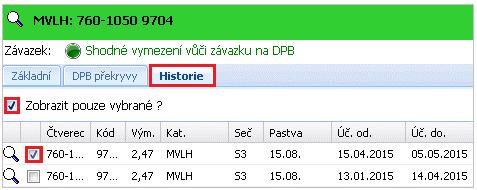 Zaškrtnutím checkboxu vyberte požadovaný historický envipolygon a pomocí lupičky na začátku řádku jej zobrazte v mapě. Obrázek 33 Záložka "Historie" v detailu ENVI 3.