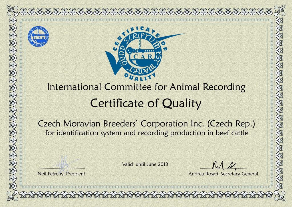 Foto 3 Certifikát kvality ICAR pro masná plemena a masnou užitkovost českého strakatého plemene (identifikaci a kontrolu užitkovosti).