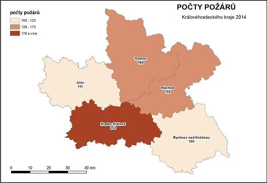 V roce 2014 vzniklo na území Královéhradeckého kraje celkem 782 požárů. Nejvíce požárů bylo zaznamenáno v ORP na území Hradce Králové a nejméně poté v ORP Rychnov nad Kněžnou.