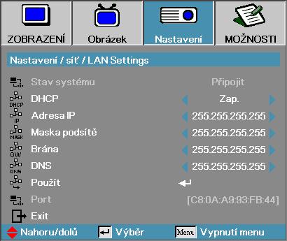 Nastavení LAN Settings Poznámka Podnabídka Síť je přístupná pouze, pokud je připojen síťový kabel. Je-li připojení úspěšné, na displeji OSD se zobrazí následující dialogové okno.