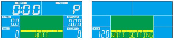 Pro zahájení tréninku stiskněte START/STOP. Pro návrat do hlavní nabídky použijte RESET. VÝKONOVÝ PROGRAM 1. Pomocí tlačítek UP a DOWN vyberte program WATT a pro vstup stiskněte tlačítko MODE. 2.