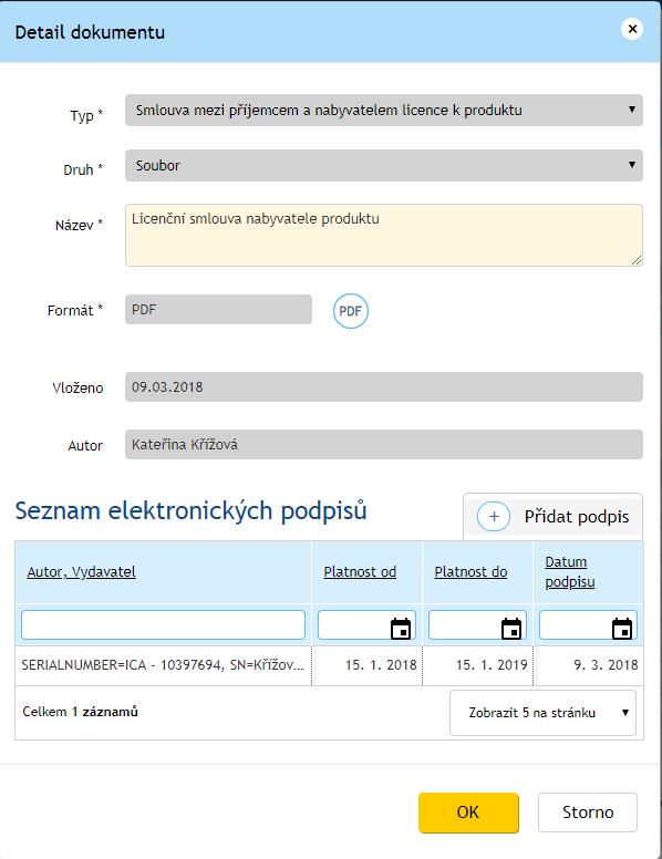 podpisu, platnosti elektronického podpisu a datu podpisu