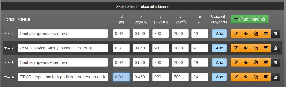 Skladba A 22/29 Přidáme další řádek a zadáme další vrstvu (ETICS lepící malta k podkladu nanesena na terče