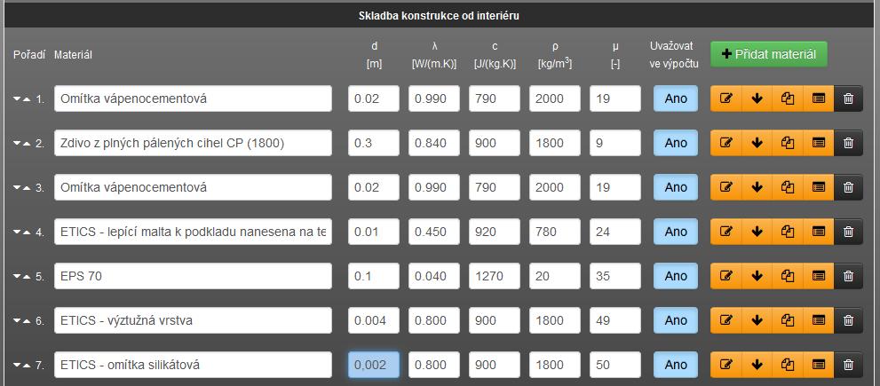 Skladba A 25/29 Přidáme další řádek a zadáme další vrstvu (ETICS omítka silikátová) směrem k