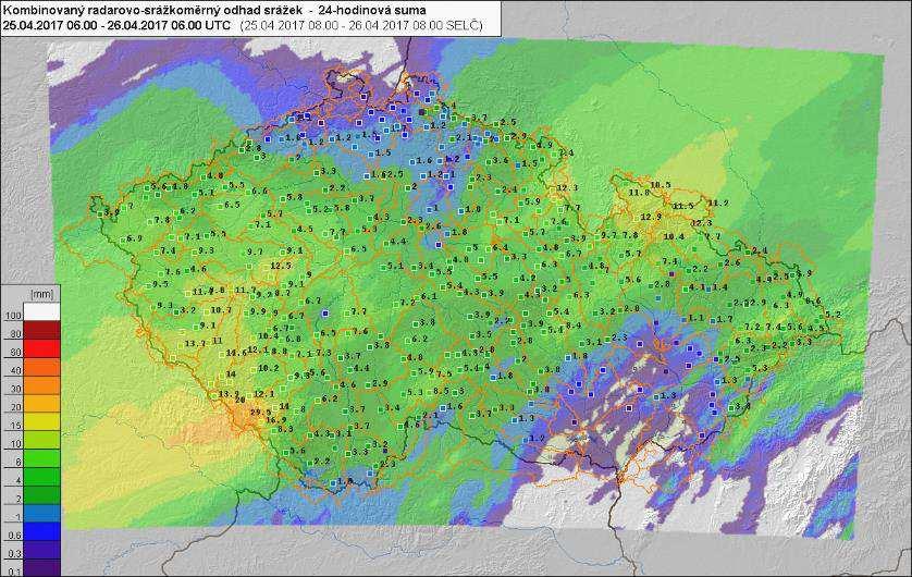 17,2 mm, Raškovice 18,5 mm). Obr. 7 Úhrn srážek (odhad) od 25. 4. 2017 08 SELČ do 26. 4. 2017 08 SELČ Výraznější srážkové úhrny byly zaznamenány 26.