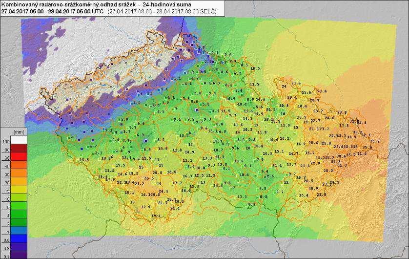 Obr. 9 Úhrn srážek (odhad) od 27. 4. 2017 08 SELČ do 28. 4. 2017 08 SELČ 28.