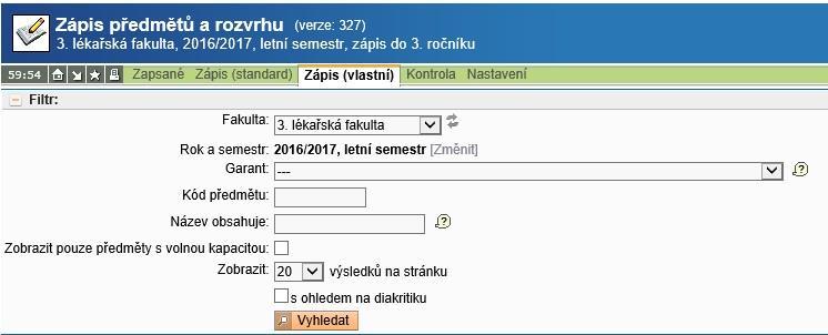 Zápis (vlastní) 5) Nastavte patřičné filtrování a stiskněte tlačítko Vyhledat. Aplikace Vám v základním nastavení nabídne všechny volitelné předměty fakulty.