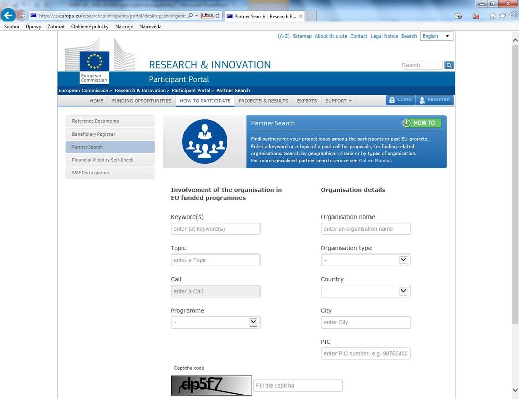 Partner search na Účastnickém portálu http://ec.europa.