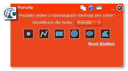 Parcely - identifikace Nástroj Parcely umožňuje získání informací o objektu v mapě na základě výběru území bodem (přednastaveno), linií, obdélníkem