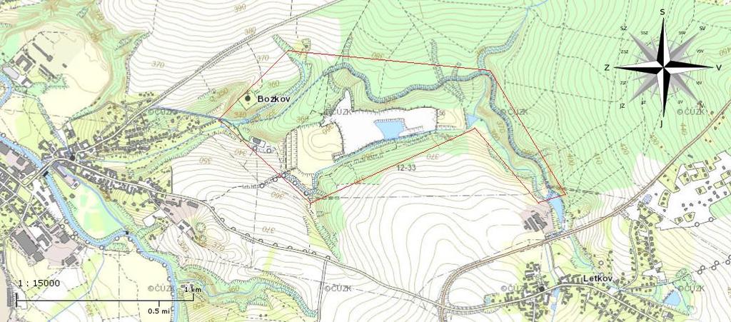 METODIKA Obr. 1. Mapa sledovaného území [4] 2.1.2 GEOLOGICKÁ CHARAKTERISTIKA Božkovský potok vytéká z rybníka dvěma toky.