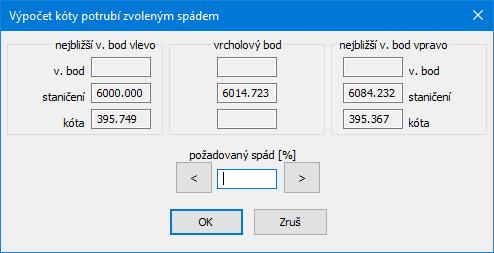 Zadání kóty potrubí spádem: Tlačítko [ ] otevírá okénko pro návrh vrcholového bodu potrubí zadáním požadovaného spádu k dalšímu známému výškovému lomu: Do okénka požadovaný spád je třeba vepsat spád