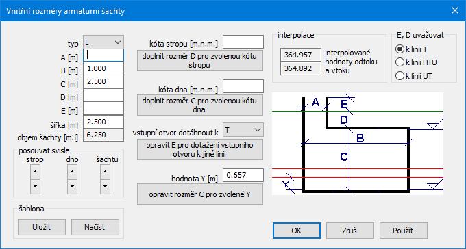Rozměry armaturní šachty: Po stisknutí tlačítka seznamu: zadání rozměrů šachty: na zadávací liště, nebo po stisknutí malého tlačítka na řádku v se otevře dialogový panel pro detailní Pro pozdější