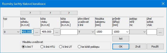 Rozměry šachty: Po stisknutí tlačítka seznamu: zadání rozměrů šachty: na zadávací liště, nebo po stisknutí malého tlačítka na řádku v se otevře dialogový panel pro detailní Odtok a vtok do šachty lze
