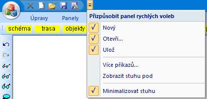 Práce s dokumentem (otevřít, uložit) se provádí z hlavního panelu pod