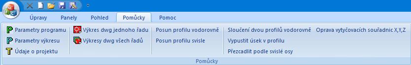 Panel pro nadpis výkresu (údaje o stoce, viz kapitola 19). Generování výkresů stok ve formátu dwg (viz kapitola 22). Přepínač posuvníků výškových lomů potrubí (viz kapitola 5). Přepínač pevné legendy.