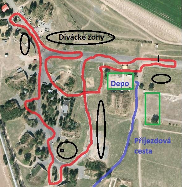 CELKOVÁ MAPA RALLY (Divácké zóny, důležitá místa, Start, cíl rally,