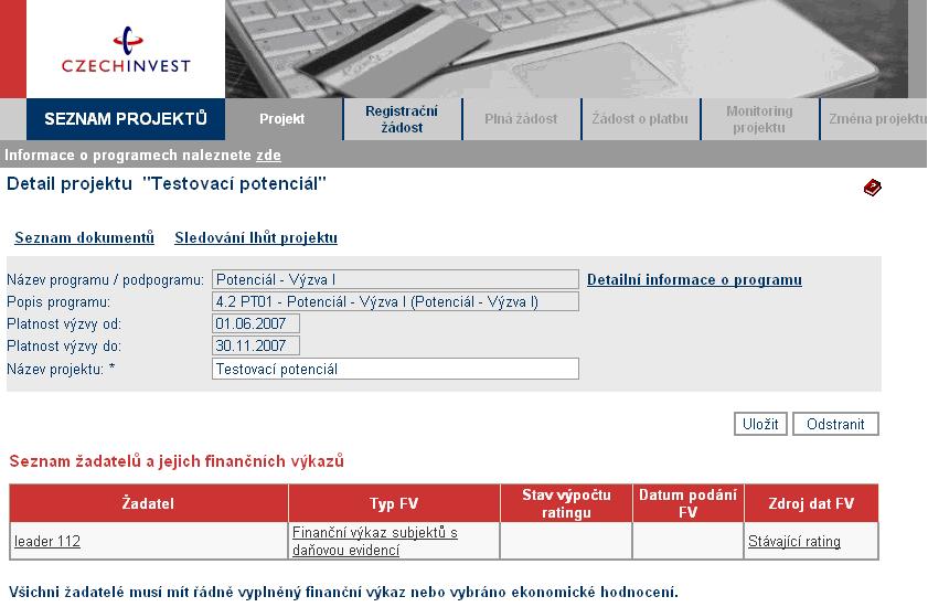 Pokud již žadatel vybral použití stávajícího ratingu, ale chce místo něj použít opět FV, jde do detailu ekonomického hodnocení a klikne na tlačítko