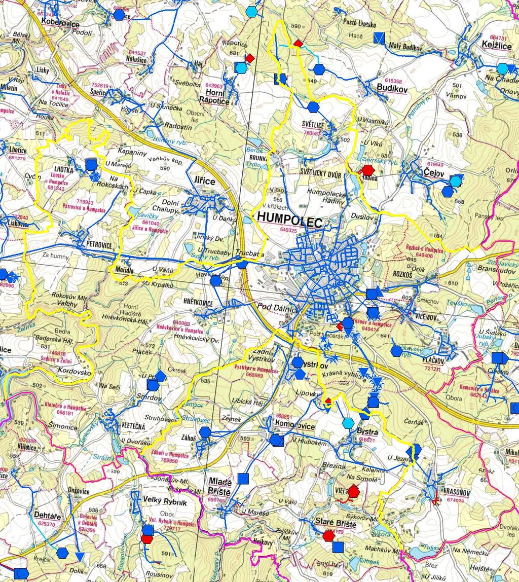 MAPA - VODOVODY Trasování sítí, lokalizace vodojemů, zdrojů, čerpacích stanic, ATS, ÚV Vodovodní řady Vodojem zemní Vodojem