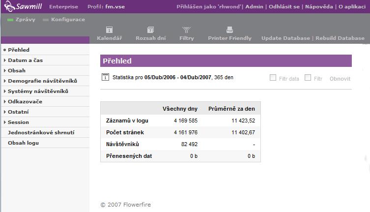 SW nástroje pro Web Usage Mining Sawmill7 Obr. 9 Sawmill 7 Enterprise Platformově nezávislý nástroj, nabízený ve třech verzích (Lite, Professional, Enterprise), podle množství nabízených funkcí.